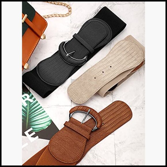 Wide Elastic Leather Belt Set for Dresses, 3 Piece Stretchy Cinch